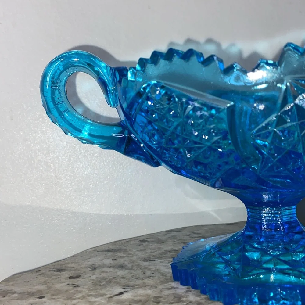 Vintage 1970s Kemple Wheaton Blue Glass Star Sawtooth Edge Handled Pedestal Bowl